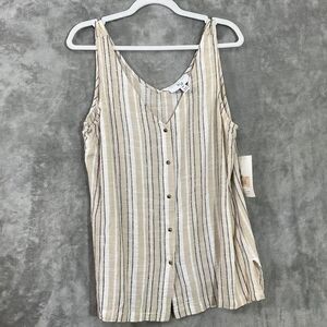 NWT  Linen Blend Tunic Top women’s size L Sleeveless Button Up Tan Beige stripe